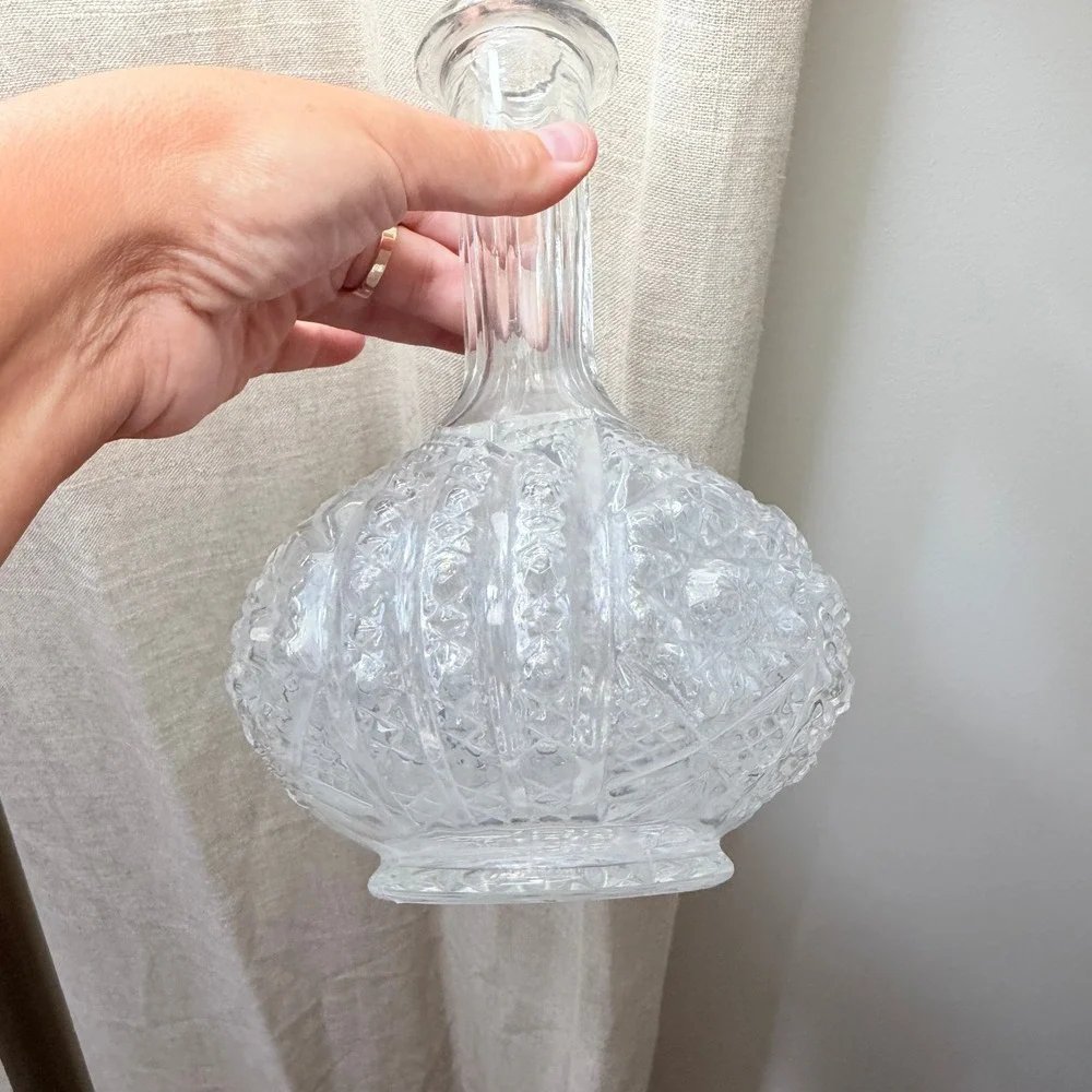 Vintage Pressed Glass Decanter Diamond Point Ships Carafe No Stopper Barware